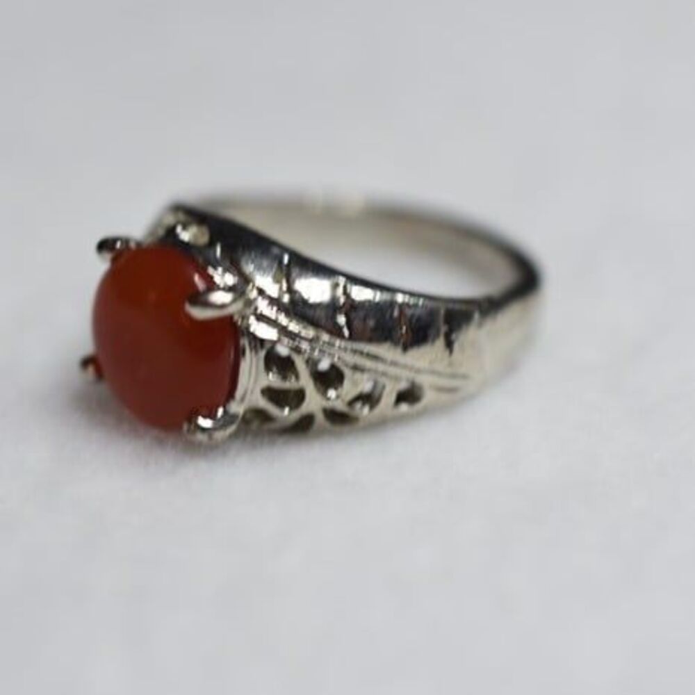 Unique Engraved Silver Tone Band Polished Orange Stone Size 8 Unisex Glam Ring